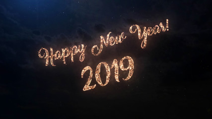 2019 Happy New Year greeting text with particles and sparks on black night sky with colored fireworks on background, beautiful typography magic design.