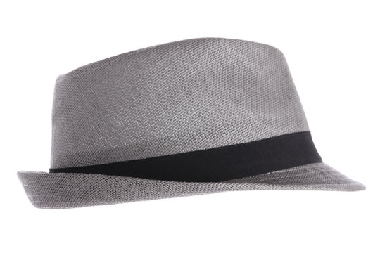 Gray fedora hat against white background