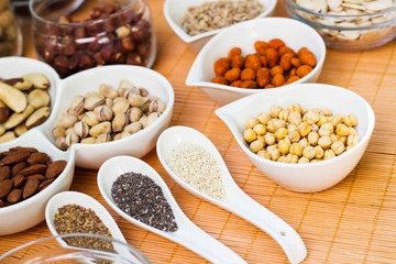 A collection of different dry fruits. Legume family 