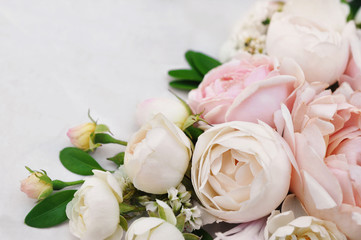 Summer blossoming delicate rose on blooming flowers festive background, pastel and soft bouquet floral card, toned