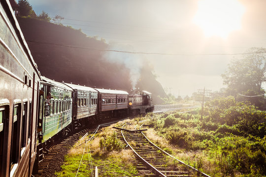 Train Goes Through Tea Plantation In Nuwara Eliya District, Sri Lanka.