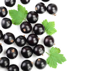 black currant with leaves isolated on white background with copy space for your text. Top view. Flat lay pattern