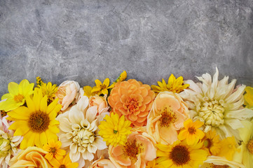Summer/autumn blossoming flowers yellow and orange background, bright floral card, selective focus, toned