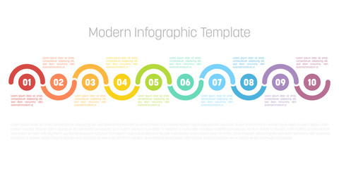 10 step process modern infographic diagram. Graph template of circles and waves. Business concept of 10 steps or options. Modern design vector element in different colors with labels