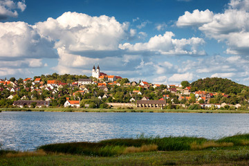 Fototapeta na wymiar Tihany village with the abbey and the innert lake in the front