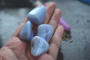 Set of 2 Blue Lace Agate Tumbled Stone great for dealing with stress and emotions Tumbled Blue Lace Agate Comfort and Nurturing healing reiki crystal. Blue, periwinkle crystal. 