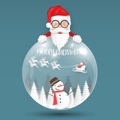 Merry Christmas and Happy New Year background. Santa Claus, Snowman and Christmas tree ,paper art and digital craft style. Vector illustration.