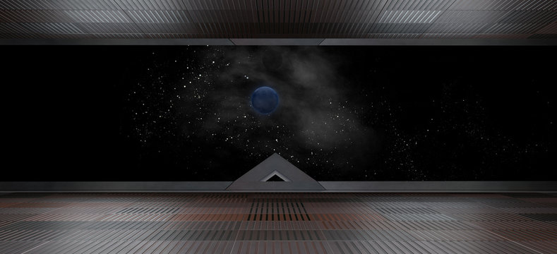 Spaceship futuristic interior with window view.3D rendering