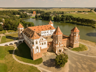 Fototapeta na wymiar Drone view of the Mir Castle complex in the region of Grodno, in Belarus - Gothic style, the fortification is an UNESCO heritage site, also known as Mirsky zamok.