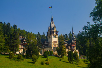 Peles Castle panorama in Sinaia on Prahova County, Transylvania in beautfiful Romania