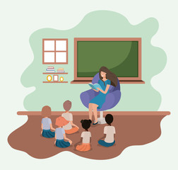 woman reading book in the sofa with kids