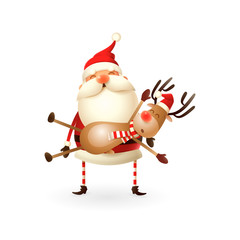 Santa Claus carries a Reindeer on his hands - Happy cute illustration
