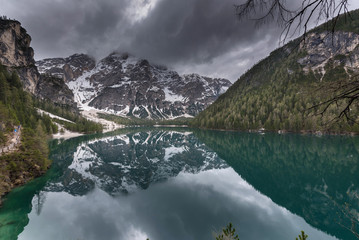 Braies Lake, Dolomites, Trentino Alto Adige, Italy. Stormy weather, dramatic landscape