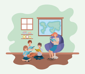 woman reading book in the sofa with kids