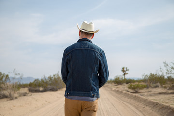 Man walks away on a desert road