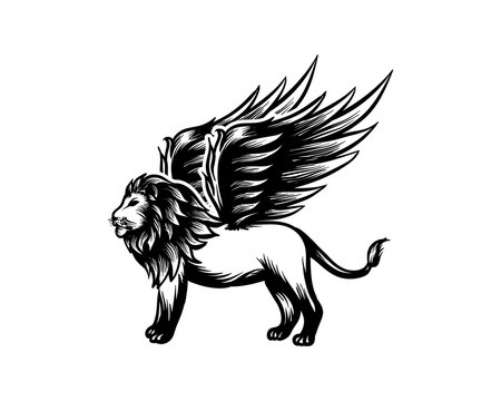 Vector Hand Drawn Animal King of the Jungle Lion with Wings Sign Symbol Icon Logo Template Design Inspiration