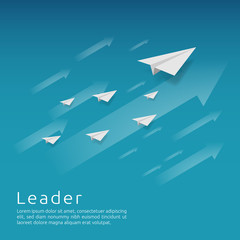 Business leadership and teamwork. paper plane group flying with arrow direction on blue sky. strategy, efficiency, innovation in finance concept. banner flat style vector illustration.
