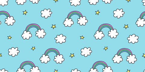 Cute colorful seamless pattern of hand drawn doodle elements on blue sky  background. Rainbow, stars, clouds pattern. Vector illustration