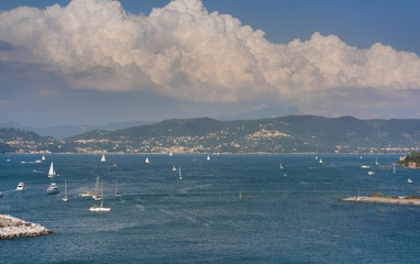 Colorful picturesque harbour of Porto Venere from San Lorenzo church, Doria Castle and Gothic...