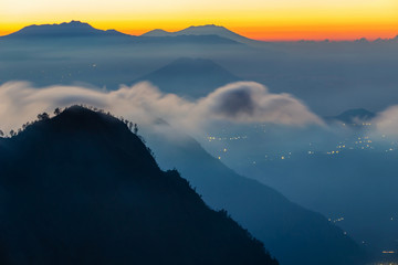 Silhouette Volcanoes mountains in Bromo Tengger Semeru National Park during Sunriset. Java, Indonesia
