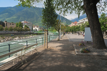 Merano, a beautiful town in the Alpine mountains of South Tyrol. A view of the city and the river