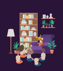 students sitting in the livingroom reading book