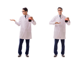 Doctor in blood donation concept isolated on white