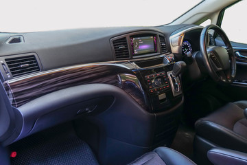 Steering wheel and Dashboard the inside of the car , Decoratd with wood and black PVC leather