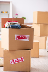 Fototapeta premium Young couple moving to new flat with fragile things