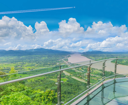 Soft focus Thai skywalk, the beautiful sky and cloud at Mekong river, international border between Sangkhom district, Nong Khai Province, Thailand and  Laos PDR.