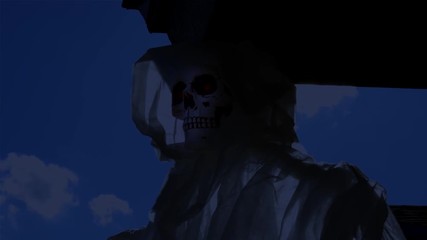 Close up of ghostly skeleton floating in the wind.
