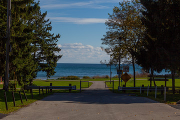 Hamilton, CANADA - October 16, 2018: colorful sunny autumn full of colors in the park near Lake Ontario