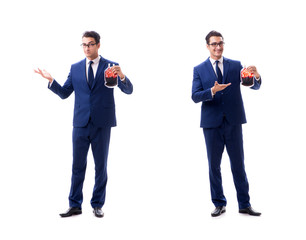 Businessman with blood bag isolated on white