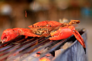 Grilled crab on iron curtain in the fireplace.