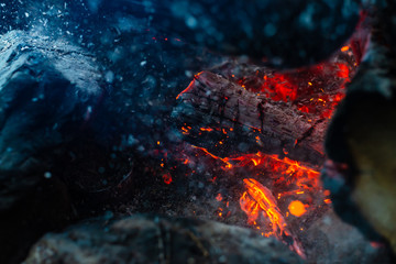 Smoldered logs burned in vivid fire. Atmospheric background with orange flame of campfire....