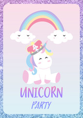 Glitter pink blue card with unicorn,head,rainbow,balloon