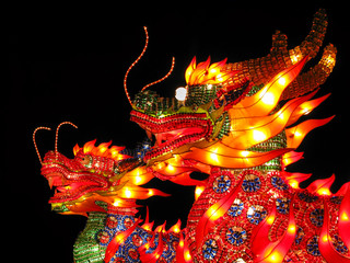 Bright Chinese Dragon Lanterns Lit at Night