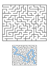 Abstract rectangular maze. Game for kids. Puzzle for children. One entrances, one exit. Labyrinth conundrum. Simple flat vector illustration isolated on white background. With answer.