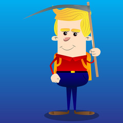 Schoolboy holding a scythe. Vector cartoon character illustration.