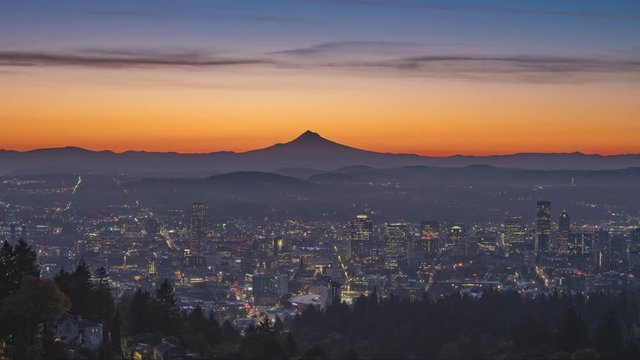 Sunrise over Mt Hood and Portland downtown