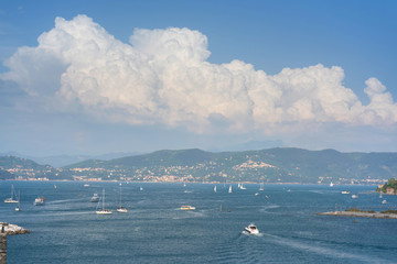 Colorful picturesque harbour of Porto Venere from San Lorenzo church, Doria Castle and Gothic...