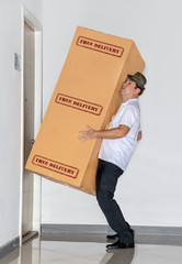 The postman carries a big package free delivery. The mail service carries a large shipment to the...
