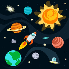 vector science astronomy cartoon outer space object item stuff fun flat collection set pack with earth jet rocket moon planet saturn sun galaxy star and alien ufo meteor doodle drawing illustration © hackerkuper