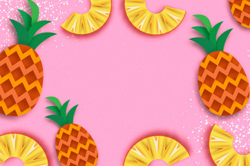 Pineappple. Top view. Anana in paper cut style. Origami juicy ripe slices. Healthy food on pink. Summertime.