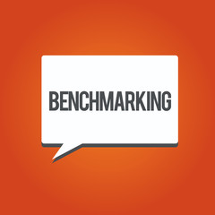 Writing note showing Benchmarking. Business photo showcasing Evaluate something by comparison with a standard Strategy.