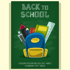 vector cartoon back to school banner print template with chalk board background text effect and girl school bag book and stuff