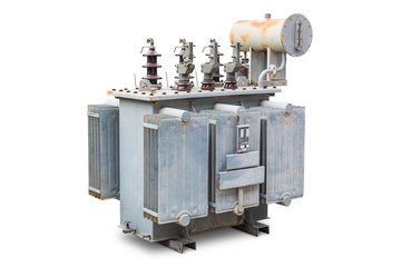 Old three phase open type oil immersed transformer - obrazy, fototapety, plakaty