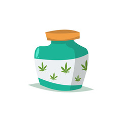 Medical marijuana concept. Pill bottle with cannabis leaf.