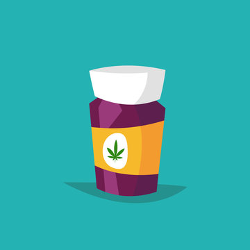 Medical marijuana concept. Pill bottle with cannabis leaf.