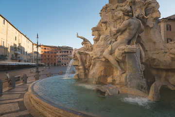 Four Rivers fountain in Piazza Navona, Rome, Italy, Europe. Rome ancient stadium for athletic contests (Stadium of Domitian). Rome Navona Square is one of the best known landmarks of Italy and Europe